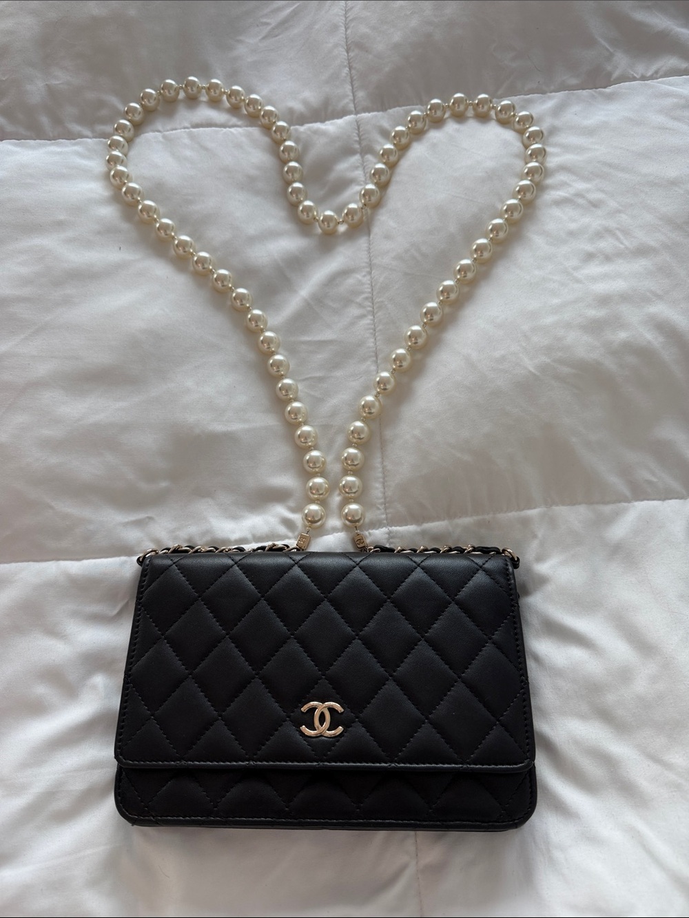 CHANEL Black Quilted Leather Crossbody with Pearl Chain